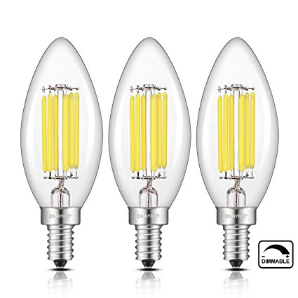 OMAYKEY LED Candelabra Bulbs 6W Dimmable, 70W Equivalent 700 Lumens 6000K Daylight (Cold White Glow), E12 Candle Base C35 Clear Chandelier Bulb, 360 Degrees Beam Angle, Pack of 3