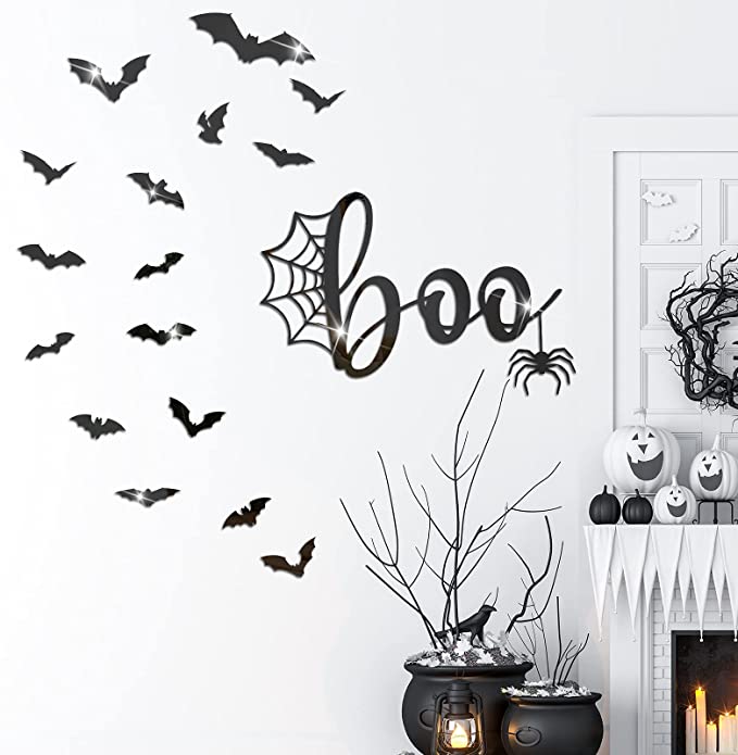 Halloween Spider Bat Wall Decor Bat Decorations Wall Decal 3D Bats Decor Wall Stickers Self-Adhesive DIY Halloween Mirror Decor Removable Spider Acrylic Sticker for Window Wall Mirror (Black)