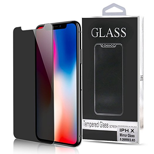 Privacy Anti-Spy Mirror Effect Tempered Glass Screen Protector With Curvy Boder For iphone X, 9H Hardness & Explosion-Proof（Black）