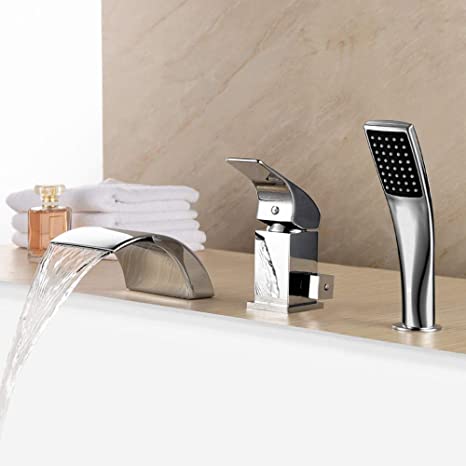 LightInTheBox Contemporary Bathroom Faucet Set Bathtub Faucet Roman Tub Filler with Handheld Shower Waterfall Spout Tub 3 Hole Deck Mounted Tub Faucet Silver