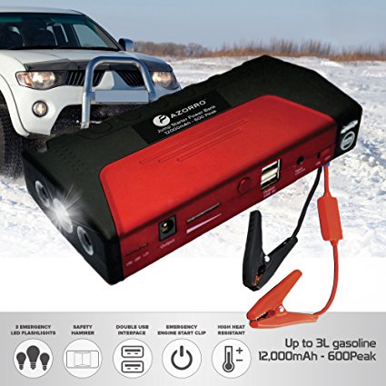 [PREMIUM] 600A Peak 12000mAh Portable Compact Car JumpStarter By Azorro- Booster Multi-Function Charger PowerBank For Cars,Trucks, Laptops,Phones with Emergency Flashlight, Safety Hammer, Belt Cutter