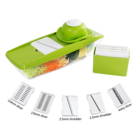 Lifewit Interchangeable Mandoline Slicer Vegetable Slicer Set, 3 Slicers & 2 Shredders & Container & Food Holder, Stainless Steel & ABS Plastic