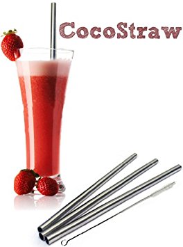 4 Stainless Steel Wide Smoothie Straws - CocoStraw Large Straight Frozen Drink Straw - 4 Pack   Cleaning Brush (4)