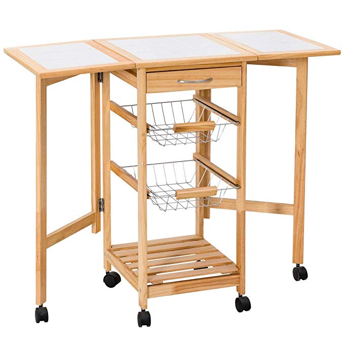 Giantex Portable Rolling Drop Leaf Kitchen Storage Tile Top Wooden Drawers Trolley Cart