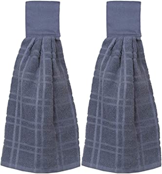 KOVOT Set of 2 Cotton Hanging Tie Towels | Include (2) Hanging Towels That Latch with Hook & Loop (Blue)