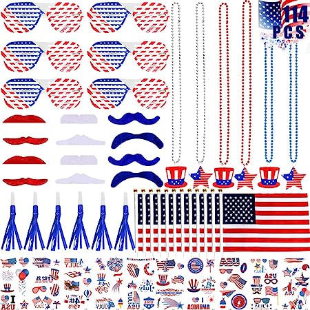 CAMIRUS 114Pcs Patriotic Party Favors, 4th of July Accessories Glasses Whistles Mustache Necklaces American Flags Temporary Tattoos for Patriotic Theme Party
