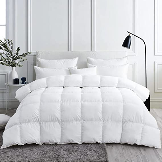 Luxurious White Solid Medium Weight, King Size Goose Feathers Down Comforter for All-Season Weather Duvet Insert, Premium Baffle Box, 100% Egyptian Cotton Cover, 65 oz. Fill Weight