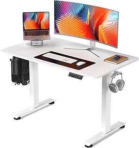 Veken 48 Inch Electric Standing Desk, Height Adjustable Sit Stand Up, Wood Desktop, Work Home Office Computer PC Desks, Gaming Writing Study Bedroom Rising Table, Tall Standup Workstation, White