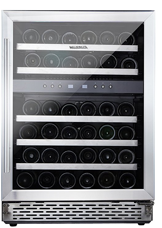 Phiestina 46 Bottle Wine Cooler 24'' Built-in or Free-standing Compressor Cooling Refrigerator. Stainless Steel & Glass Door Wine Showcase