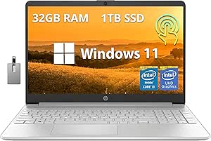 HP 15.6" HD Touchscreen Laptop, Intel i3-1215U, 32GB DDR4 RAM, 1TB SSD, Intel UHD Graphics, Numeric Keypad, 720p HD Webcam, WiFi, Windows 11 Pro, Silver, 32GB Hotface USB Card