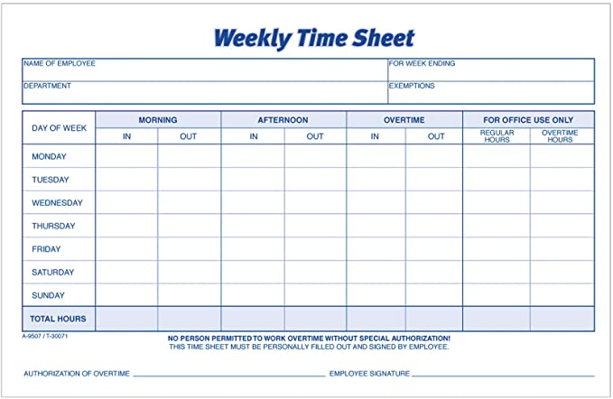 Adams Time Sheet, 9 x 5.5 Inch, Weekly Format, 2-Part, Carbonless, 100-Pack, White, Canary (NC9507)