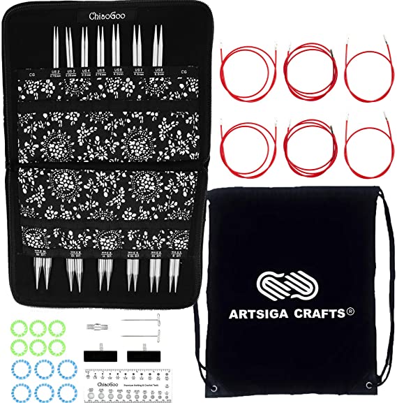 ChiaoGoo Twist Red Lace 4-Inch Complete 7400-C Interchangeable Circular Knitting Needle Set, Sizes US 2, 3, 4, 5, 6, 7, 8, 9, 10, 10.5, 11, 13, 15 with 6 Cords Bundle with 1 Artsiga Crafts Project Bag