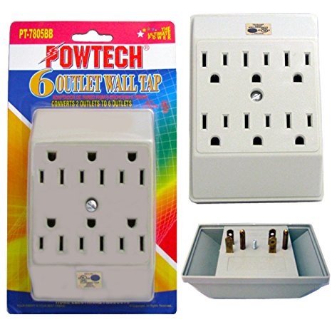 POWTECH 6 Outlet Extender Wall Adapter - Heavy Duty Grounded Wall TAP -Designed to cover existing grounded duplexes only7805BB