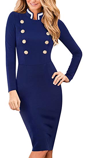 HOMEYEE Women's Vintage Long Sleeve Button Pencil Formal Dress B410