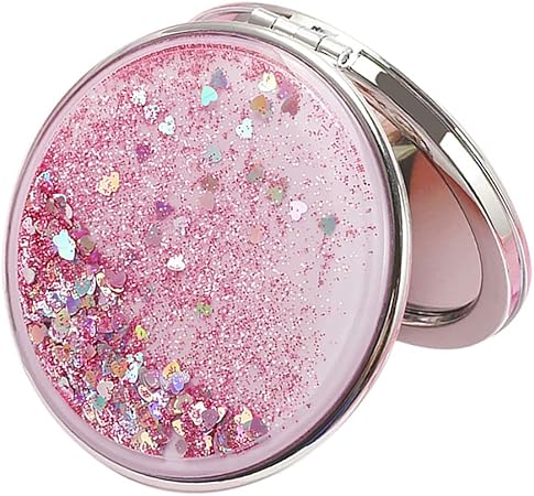AKOAK 1 Pack Compact Mirror, Portable Quicksand Pocket Travel Makeup Mirror, Folding Hand-held Double Sided 1x/2x Magnifying Glass, Great Gift for Women and Girls (Pink)