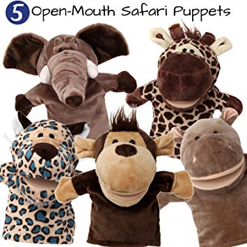 5-Piece Set Animal Hand Puppets/Zoo, Safari, Farm, Wildlife/Movable Open Mouth/Plush Pretend Toys/Monkey, Elephant, Giraffe, Hippo and Leopard