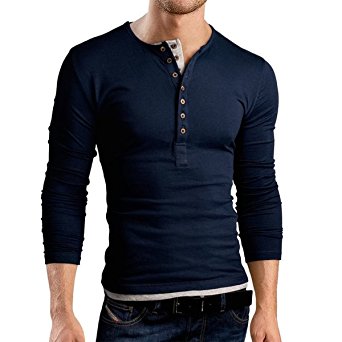 Pishon Men's Henley Shirt Long Sleeve Slim Fit Plain Button Cotton Casual Shirts
