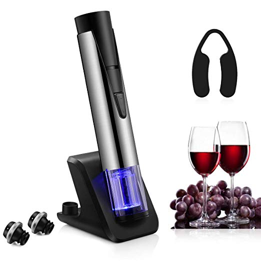 Electric Wine Bottle Opener with Wine Preserver 2-in-1 Vacuum Pump and Bottle Opener with Markable Wine Stopper, Foil Cutter and Collectible Recharging Base (18/8 Steel)