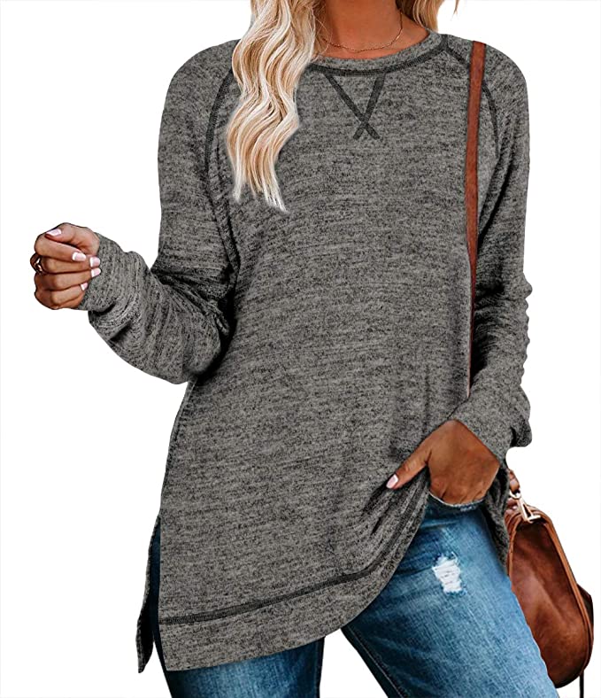 Aokosor Women's Long Sleeve Loose Casual Fall Pullover Side Split Tunic Tops