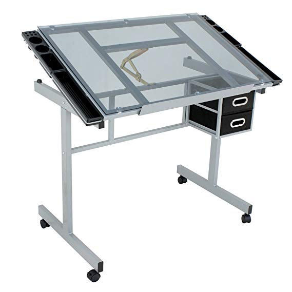 ZENY Adjustable Drawing Table Rolling Drafting Desk Tempered Glass Top W/2 Slide Drawers & Rolling Wheels (Glass top)