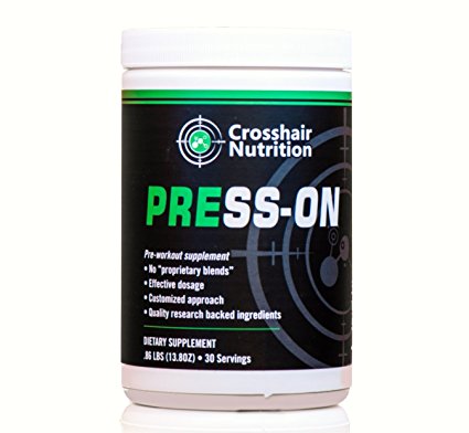 Press-On pre-workout supplement from Crosshair Nutrition (30 servings), contains Creatine, Carnosyn Beta Alanine, Citrulline, and other amino acids