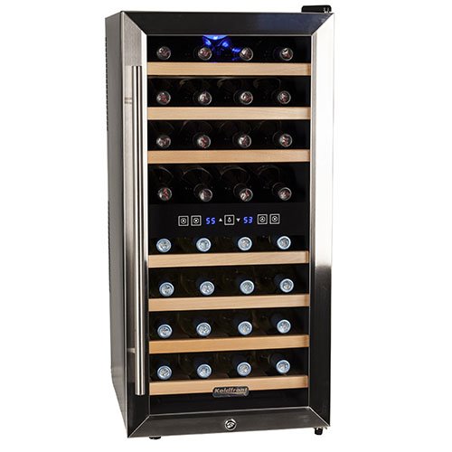 Koldfront 32 Bottle Free Standing Dual Zone Wine Cooler - Black and Stainless Steel