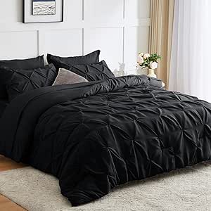 CozyLux Full Comforter Set - 7 Pieces Comforters Full Size Black, Pintuck Bed in A Bag Pinch Pleat Bedding Sets with All Season Comforter, Flat Sheet, Fitted Sheet and Pillowcases & Shams