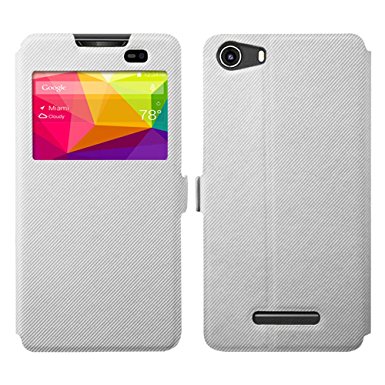 BLU Advance 5.0 Case [View Window] [Full Range Protection], Popsky Linen Texture Slim Leather Multi-angle Stand Folio Case Cover for BLU Advance 5.0 Phone (White)