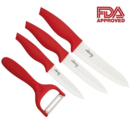 Ceramic Knives 4 pieces set in RED. Professional cuisine. Lead and Chemical free on your food. Ultralight, Ultrasharp and Long Resistance, Durable. Ergonomic design.Cut like a Chef. FDA