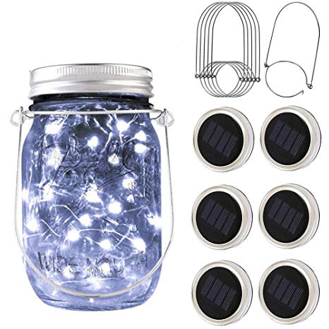 PAPRMA 6 Pack Solar Mason Jar Lid Lights, 20 LED Jar Lid Fairy String Lights 6 Hangers, Decorations Party Garden Patio Path Christmas, Cool White(Jar NOT Included)