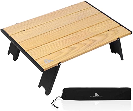 iClimb Ultralight Compact Mini Beach Picnic Folding Table with Carry Bag, Two Size (Wood Grain - S)