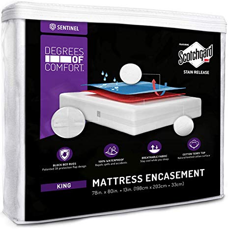 Degrees of Comfort Waterproof Zippered Mattress Encasement – Breathable Bed Bug Mattress Cover with Advance Patented Zipper Flap Design - 3M Scotchgard Stain Release Technology Fits 13-15" King