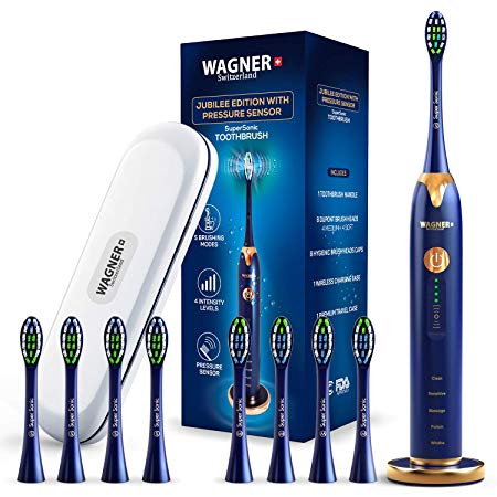 WAGNER Switzerland JUBILEE EDITION SuperSonic toothbrush with PRESSURE SENSOR. 5 Brushing Modes and 4 INTENSITY Levels with 3D sliding control, 8 DuPont Bristles, Premium Travel Case. (Blue)