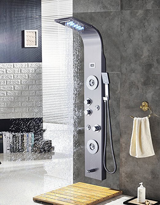 ELLO&ALLO Stainless Steel Shower Panel Tower System,LED Rainfall Waterfall Shower Head Thermostatic Faucet 5-Function Rain Massage System with Body Jets Fingerprint-free, Brushed Nickel