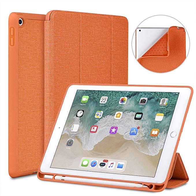 Soke New iPad 9.7 2018/2017 Case with Pencil Holder, Slim Fit Smart Case Trifold Stand with Shockproof Soft TPU Back Cover and Auto Sleep/Wake Function for iPad 9.7 inch 5th/6th Generation, Orange