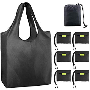 Black-Grocery-Bags-Reusable-Foldable-Shopping-Bags Large 50LBS Reusable Bag Groceries Tote Bags with Square Pouch Bulk 6 Pack Ripstop Fabric Washable Durable Lightweight