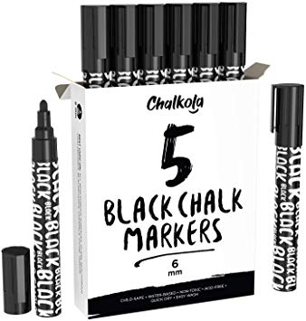 Black Chalk Markers - Liquid Dry Erase Marker Pens for Bistro, Chalkboards Signs, Windows, Blackboard, Glass - 6mm Reversible Tip (Pack of 5)