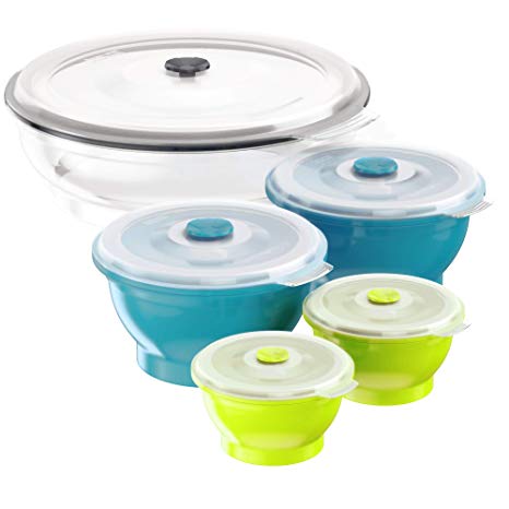 Collapse-it Silicone Food Storage Containers - BPA Free Airtight Silicone Lids, 5 Piece Variety Set of 6-Cup & 2-Cup & 1-Cup Collapsible Lunch Box - Oven, Microwave, Freezer Safe with Bonus eBook