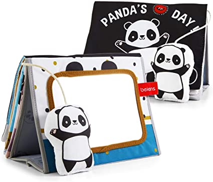 beiens Tummy Time Mirror - Panda Black and White Soft Baby Book, Non-Toxic Crinkle Cloth Books, Activity Developmental Floor Mirror Toys for Newborn, Infant, Toddler, First Birthday Gift (1 Book)