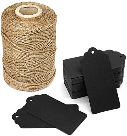 300 Feet Natural Jute Twine and 100PCS Black Retangle Kraft Paper Gift Tags for Crafts & Price Tags Lables by Blisstime