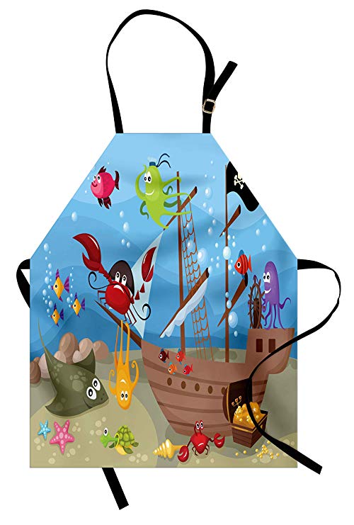 Ambesonne Pirate Apron, Cartoon Ship Under The Sea Discovered by Sea Animals Treasure Chest Marine Adventure, Unisex Kitchen Bib Apron with Adjustable Neck for Cooking Baking Gardening, Multicolor