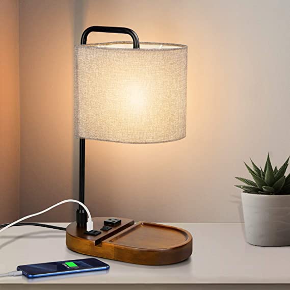 ZEEFO Bedside Table Lamp, USB & Type C Charging Ports & 3-Prong AC Outlet Desk Lamp, Retro Walnut Solid Wood Base Light Luxury Nightstand Lamps with Grey Lampshade Ideal for Bedroom,Living Room,Office