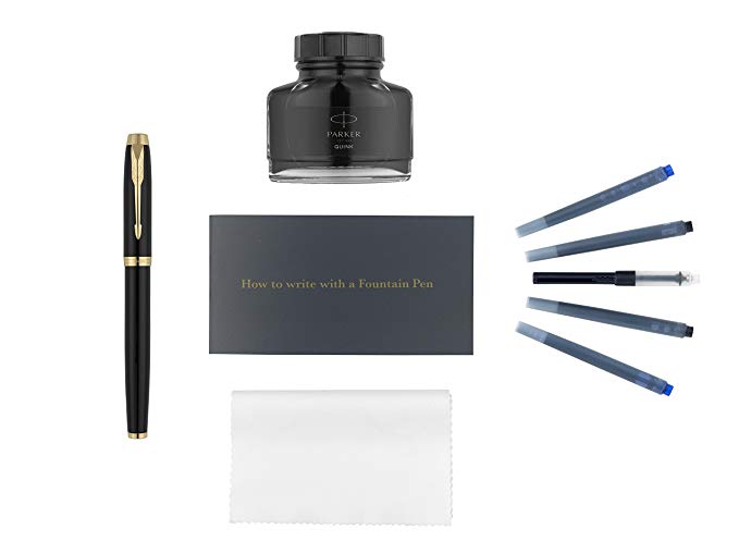 Parker IM Fountain Pen Kit, Black Lacquer with Gold Trim, Ink Bottle Refill, Ink Cartridge Refills, Ink Bottle Converter