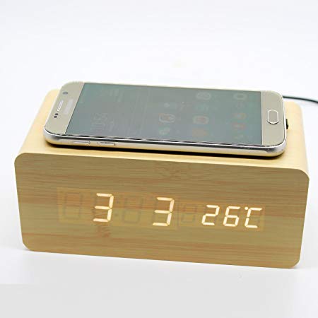 Wooden Alarm Clocks with Wireless Charging Pad Wood LED Digital Clock with Sound Control Function Multi-function Home Desktop Electronic Travel Time Date Week Temperature for Office
