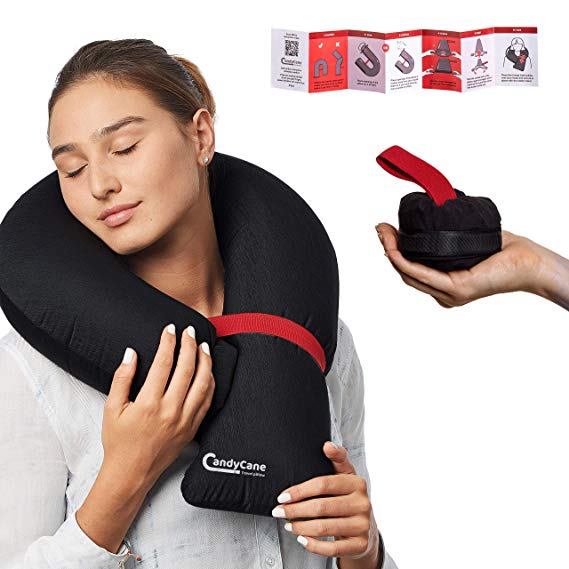 Candy Cane Travel Pillow – Ultra Compact, Inflatable Travel Pillow for Adults and Kids – Modular Neck Pillow for Airplane Travel, Trains, Cars, and Camping – One-Size-Fits-All Comfy Travel Accessories
