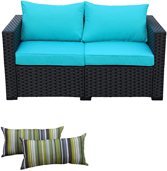 Patio Wicker Sofa Outdoor Garden Love Seat Chair Couch Furniture Black Rattan with Turquoise Cushion
