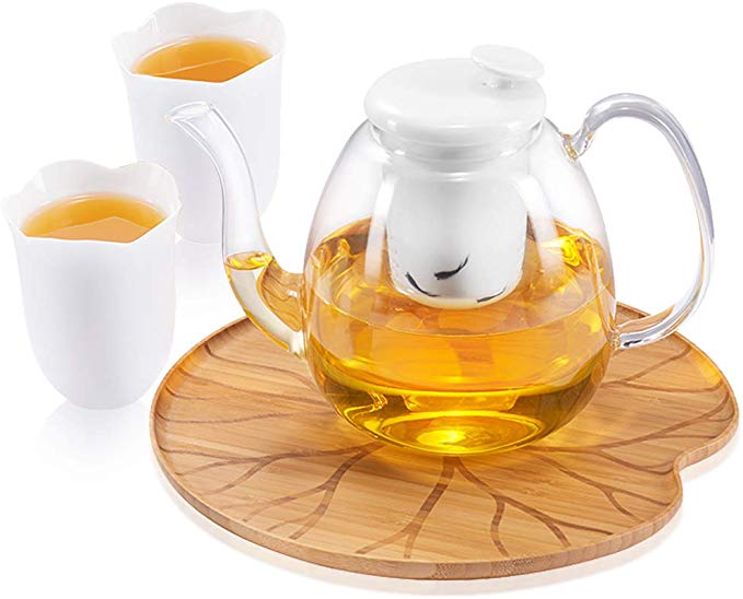 ZENS Glass Teapot Cups Set, 47 Ounce Tea Pot with With Porcelain Infuser and 2 Teacup and Bamboo Serving Tray for Blooming Loose Tea