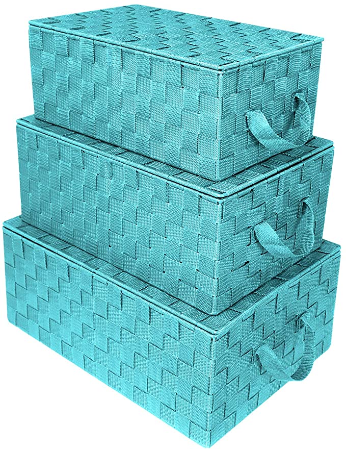 Sorbus Storage Box Woven Basket Bin Container Tote Cube Organizer Set Stackable Storage Basket Woven Strap Shelf Organizer Built-in Carry Handles (Woven Lid Baskets - Aqua)