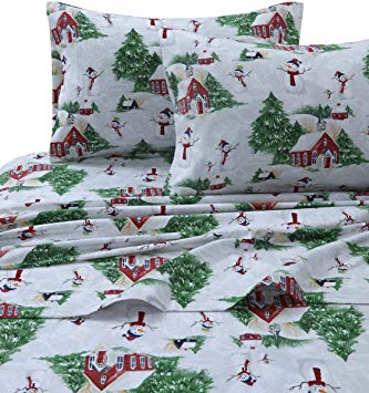 Tribeca Living SNMANSHEETQURG Snowman Printed Flannel Deep Pocket Sheet Set, Queen, Red/Green