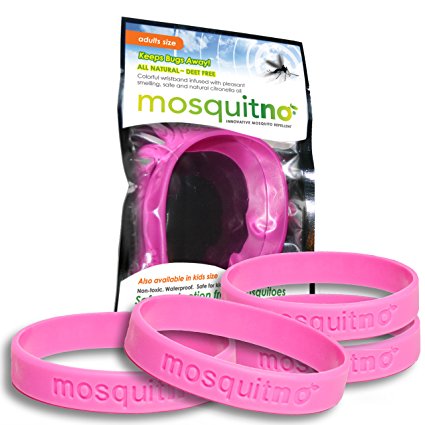 Mosquitno Natural, Citronella, Waterproof Mosquito Repellent Wristbands, Adult, 5-Pack, Pink